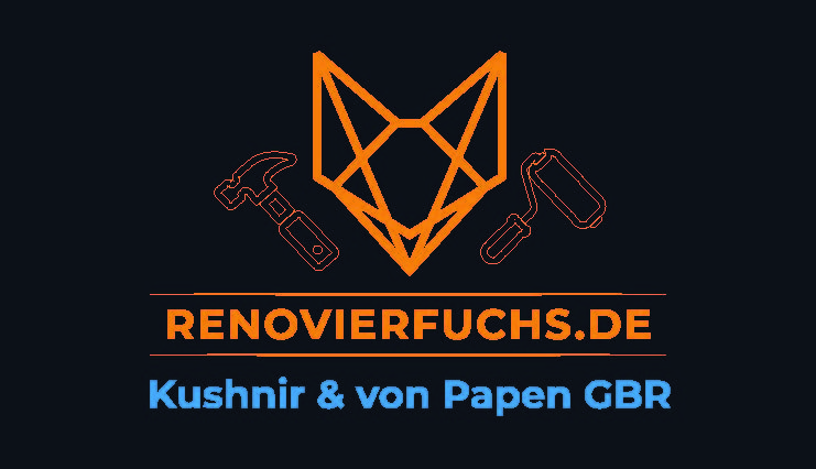 Logo für den Bauunternehmer Renovierfuchs.de mit Hammer und Meißel.